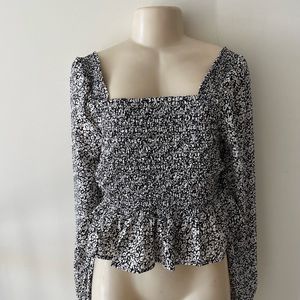 Black and White Floral Smocked Shirred Long Sleeve Square Neck Blouse